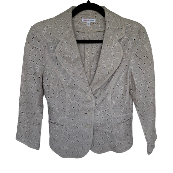 Vintage Georgiou Studio 100% linen eyelet breathable tan button up jacket size 8 - Picture 1 of 6